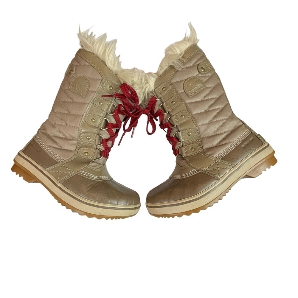 🎉Sorel Tofino II kids Tall Faux Fur Boots Winter Outdoors Tan Red Laces size 1 - Picture 8 of 16